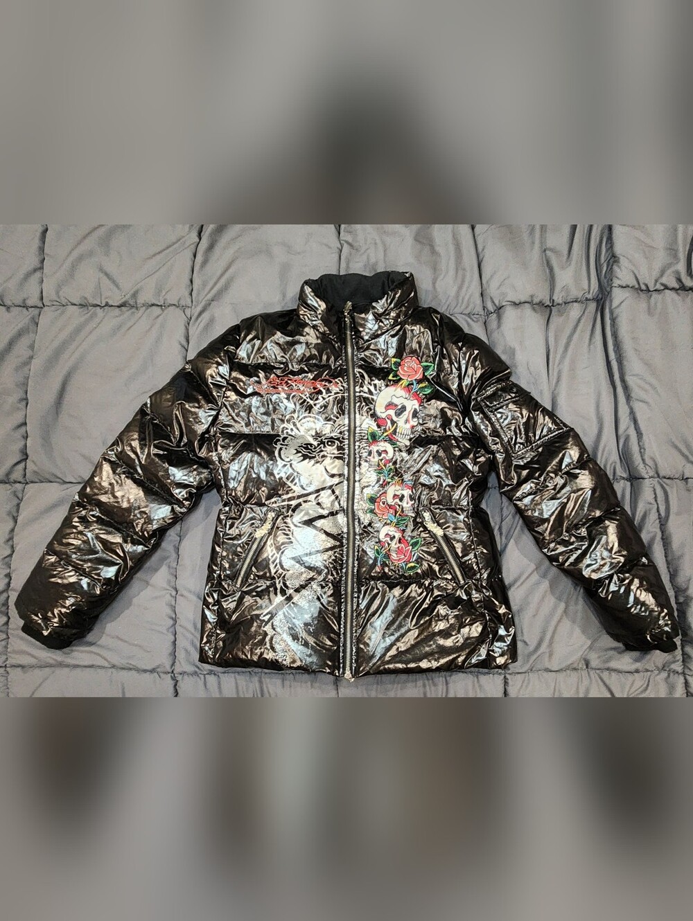 Ed Hardy Women's Skull Roses Puffer Jacket Down Feather Rare Y2K Vintage XLarge